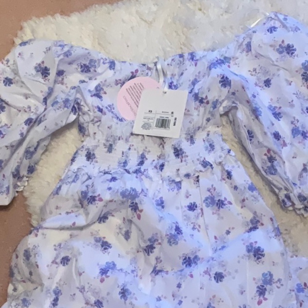 LoveShackFancy Floral Puff Sleeve Dress - White and Purple